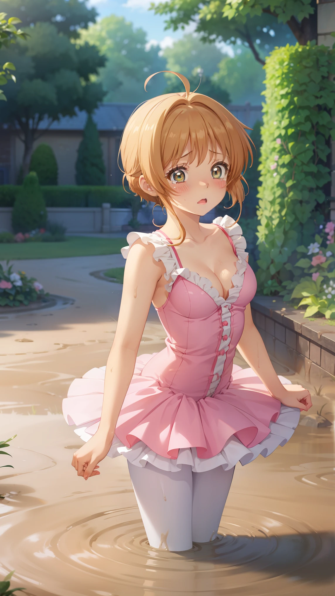 masterpiece, best quality, highres, 1girl, detailed face, blush, anime CG style, (medium breasts), (18 year old girl:1.3), (aged up), good lighting, perfect body, sakura kinomoto, glossy lips, cleavage, (curvy), garden, (sinking in mud), (upset), tears on cheeks, ballerina, tutu, standing