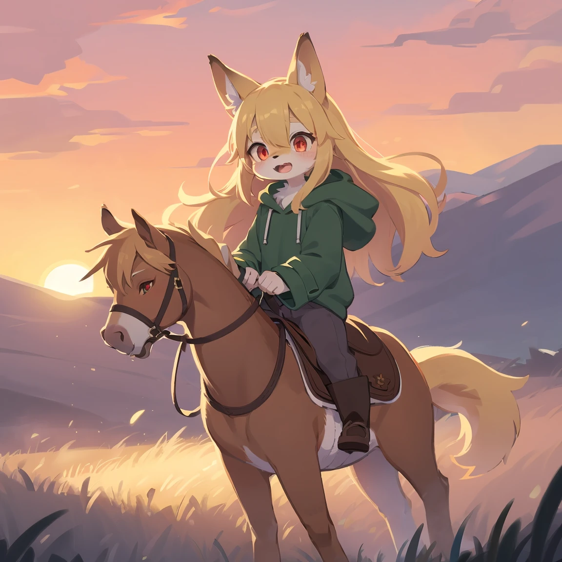loli the fox, , was hairy, shaggy, skin fur, smooth lashes, golden fur, forelimb hands, straight long blonde hair, solid circle eyes, golden ears, golden fur, golden facial fur, shiny hair, red eyes, super cute face, 1fox tail, fluffy tail, furry tail, glowing eyes, green coat green hood down, brown trousers, riding horse, open mouth, embarrassed, ambient light, ultra-fine fur, dashed eyes, full body, masterpiece, high quality, high-details, best quality, wide short, (((solo))), twilight, sun light, red sky, rim light