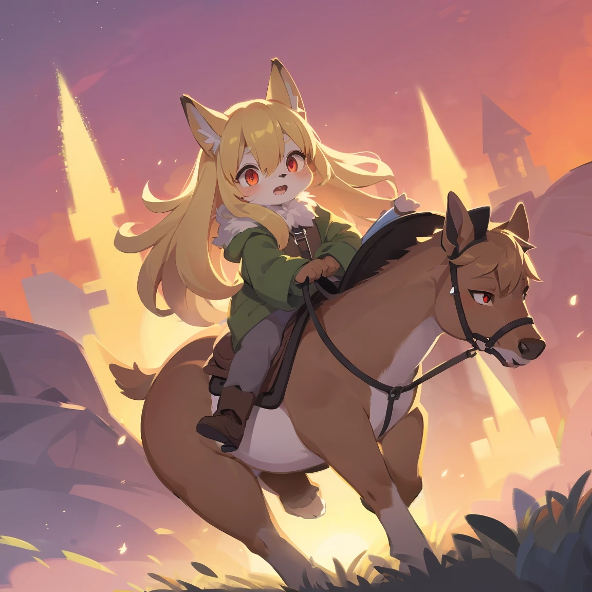 loli the fox, , was hairy, shaggy, skin fur, smooth lashes, golden fur, forelimb hands, straight long blonde hair, solid circle eyes, golden ears, golden fur, golden facial fur, shiny hair, red eyes, super cute face, 1fox tail, fluffy tail, furry tail, glowing eyes, green coat green hood down, brown trousers, riding horse, open mouth, embarrassed, ambient light, ultra-fine fur, dashed eyes, full body, masterpiece, high quality, high-details, best quality, wide short, (((solo))), twilight, sun light, red sky, rim light