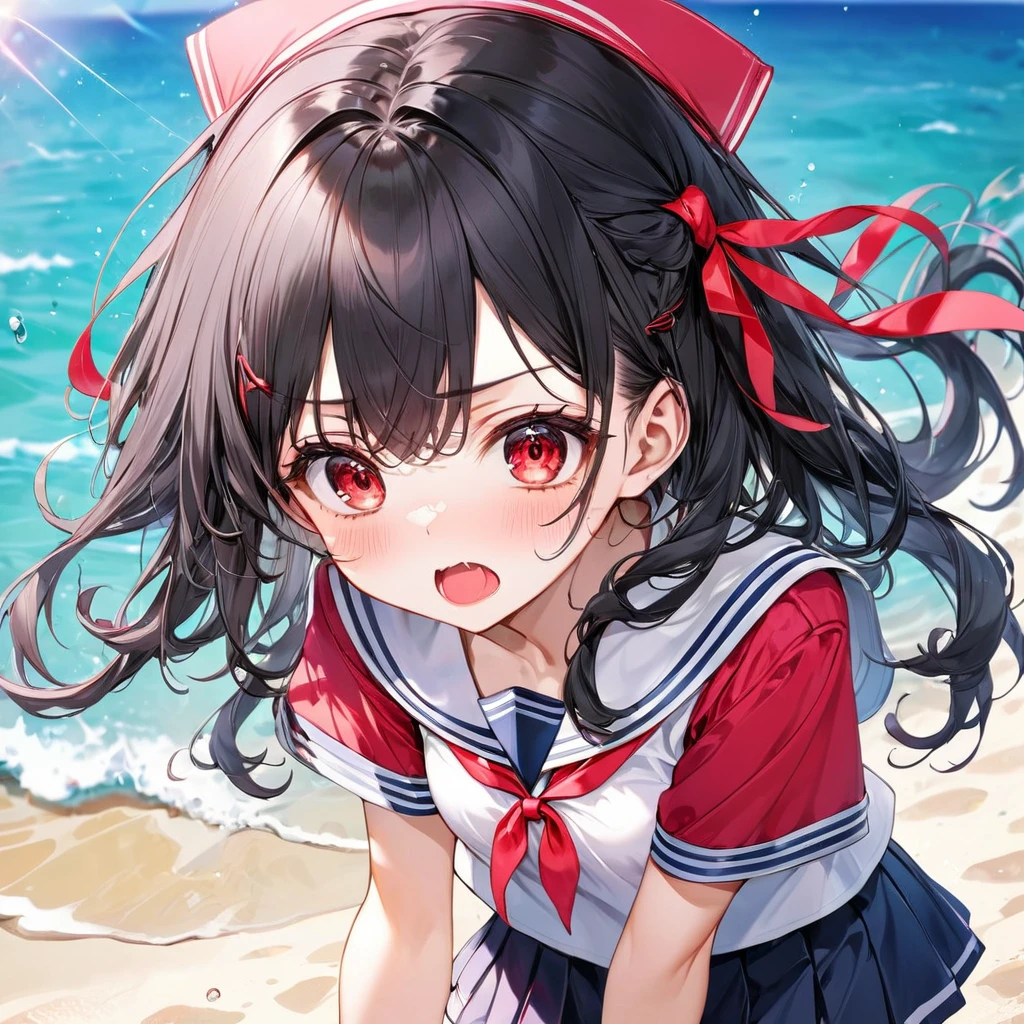 (Tsundere love mode) (15 yo, solo curly:1.3 black hair long hair cute girl, cute red eyes, angry face, pink lip open mouth, medium tits), break, (in a summer school sailor suit, red ribbon, skirt), BREAK, perfect anatomy, masterpiece, best quality, 16k, beautiful detailed grow, daydreaming expression.