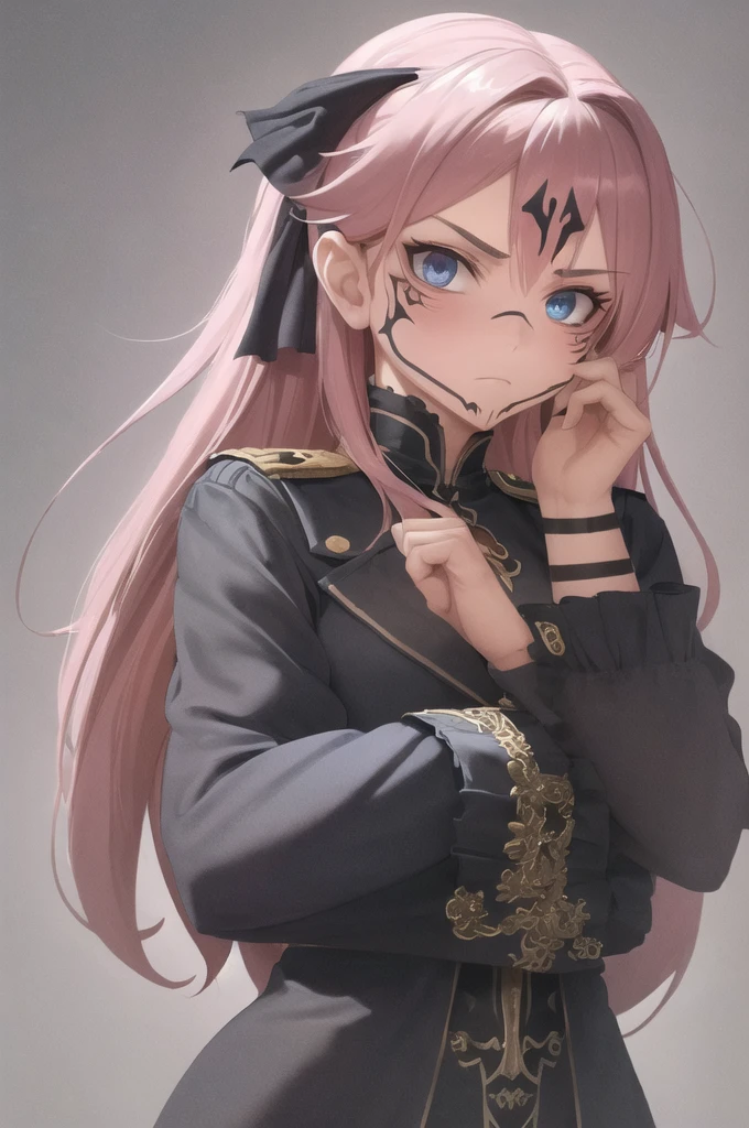 (masterpiece, best quality:1.2), upper body, solo, 1girl, sukunatattoo,shy, looking at viewer, hand on own face, long hair, pink hair, blue eyes, extra eyes, v-shaped eyebrows, black jacket, long sleeves, dark lighting, caustics,