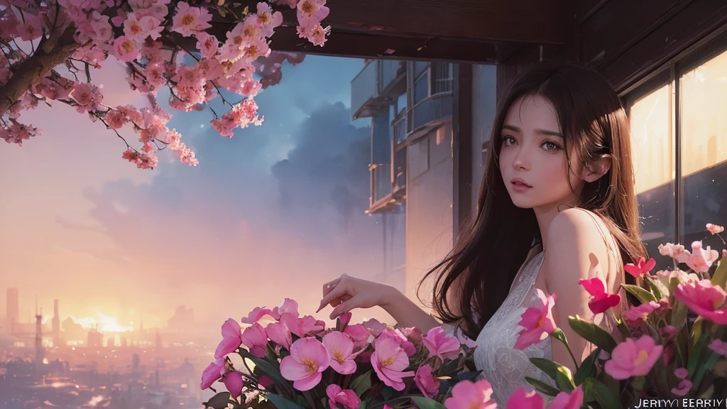 32k, Masterpiece, Highest quality, One girl, Brown Hair, Detailed eyes, flower,Freesia, Pink and navy style,A dreamy, romantic piece,Pale yellow, Mysterious Leaves,A playful arrangement,Fantasy,High Contrast,Ink strokes,explosion,Exposure, Impression of pink and navy tones,Abstract,((Watercolours by John Berkey and Jeremy Mann )) Brush strokes,Negative Space, Tyndall effect,