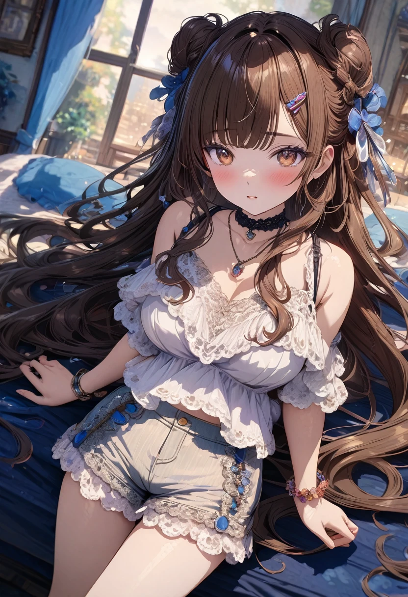 ((masterpiece), best quality, very aesthetic, newest, absurdres, detailed, high quality)
BREAK
highest quality, top quality, details, highres, ultra fine painting, digital art, official art, cinematic, 4k, 8k resolution, 8K CG wallpaper, CG, original artwork, detailed background, colorful background, blue atmosphere, High Dynamic Range, blurry background, blue hour, Starburst effects, crepuscular rays, good ISO, high resolution, wide shot, from far away, RAW photo, POV, sharp focus, light reflection, reflections, intricate details, soft light, particle noise, professional photography, bokeh, depth of field, natural lighting, vibrant colors, looking away, detailed lights and shadows, stylish, ultra-detailed, top rated on Pixiv, trending on Artstation, niji style, modern-days, master crafted, pose
BREAK
solo, close up shot, from above, 1girl, pale skin, correct fingers, detailed hand, (big breasts:1.2), big thighs, small torso, short body, flushtered, blush, anxious expression, embarassed, embarassed act, casual, slim, ((cute, childlike face):1.3), nice hips, nice body, brown hair, (very long flowing hair), (big 2 buns hairstyle)), long bangs, long hair, middle hair bangs, brown eyes
BREAK
(cotton shorts, fitted tank top, delicate choker, bracelet, necklace, hair clip)
BREAK
bed with a white sheet, pixiv, conceptual art, messy bed, dirty bed, anime background art, relaxing concept art, lying at the bed, beautiful anime scene, beautiful anime artwork, bed, anime background, laying on a bed, soft anime illustration