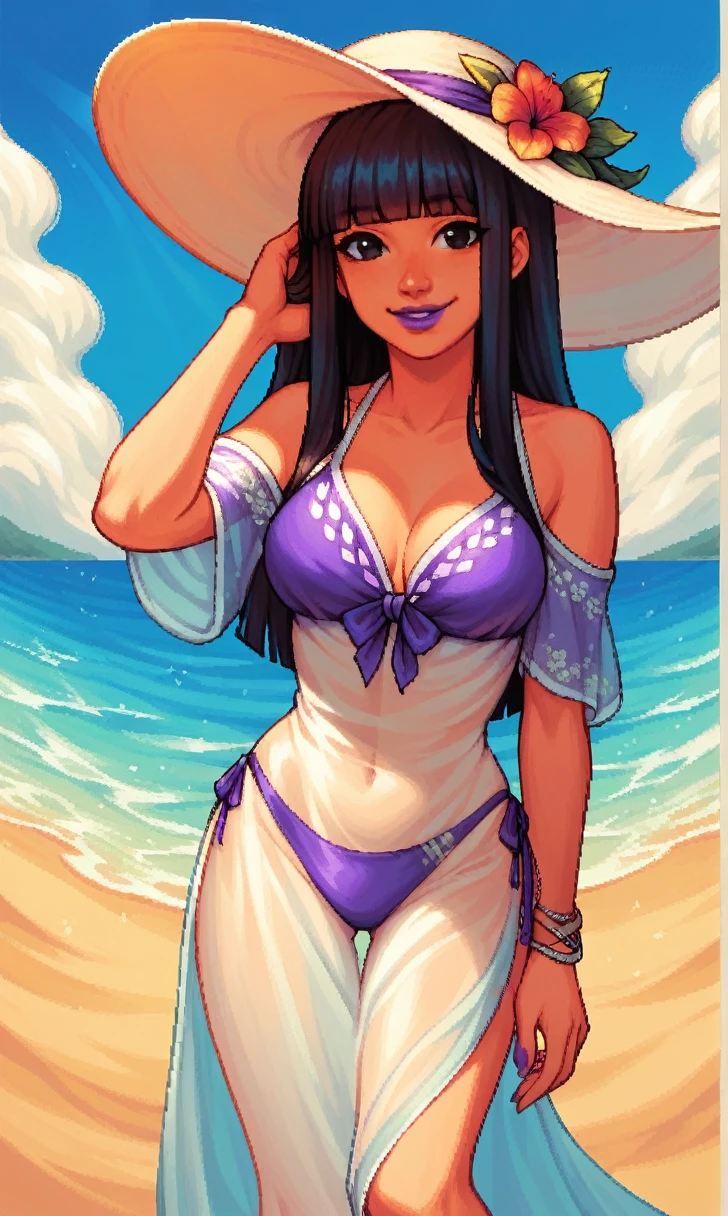 score_9, score_8_up, score_7_up, pixel art, 1girl, beach background, Asian, translucent traditional polynesian dress, bikini, sunny, lovely, hime cut hair, gentle smile, purple lips, black eyes, sun hat
