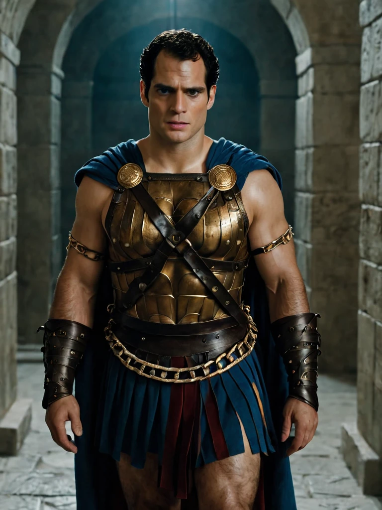 arafed man in a roman costume standing in a prison, in screenshot from the 300 movie, the the man is wrapped in chains, henry cavill as a greek god, 8 k movie still, henry cavill is a greek god, 300 the movie, inspired by Exekias, leading spartans into battle, film still from god of war