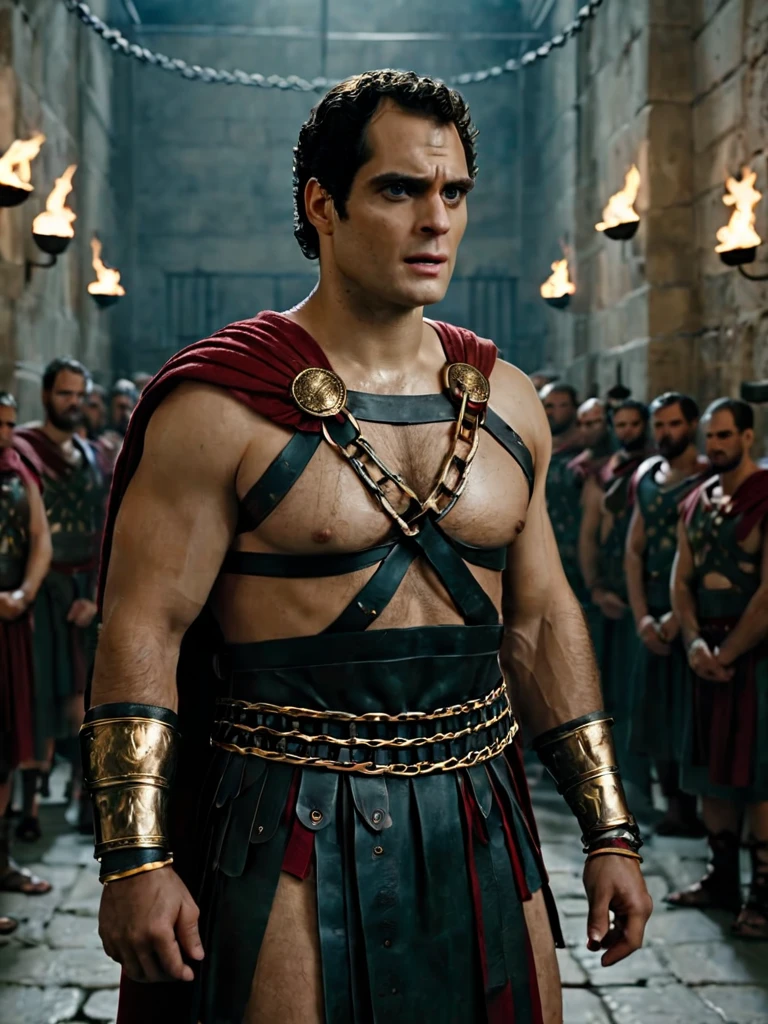 arafed man in a roman costume standing in a prison, in screenshot from the 300 movie, the the man is wrapped in chains, henry cavill as a greek god, 8 k movie still, henry cavill is a greek god, 300 the movie, inspired by Exekias, leading spartans into battle, film still from god of war