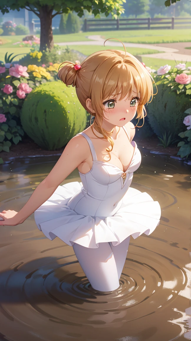 masterpiece, best quality, highres, 1girl, detailed face, blush, anime CG style, (medium breasts), (18 year old girl:1.3), (aged up), good lighting, perfect body, sakura kinomoto, glossy lips, cleavage, (curvy), garden, (sinking in mud), (upset), tears on cheeks, ballerina, tutu, standing, (legs completely submerged)