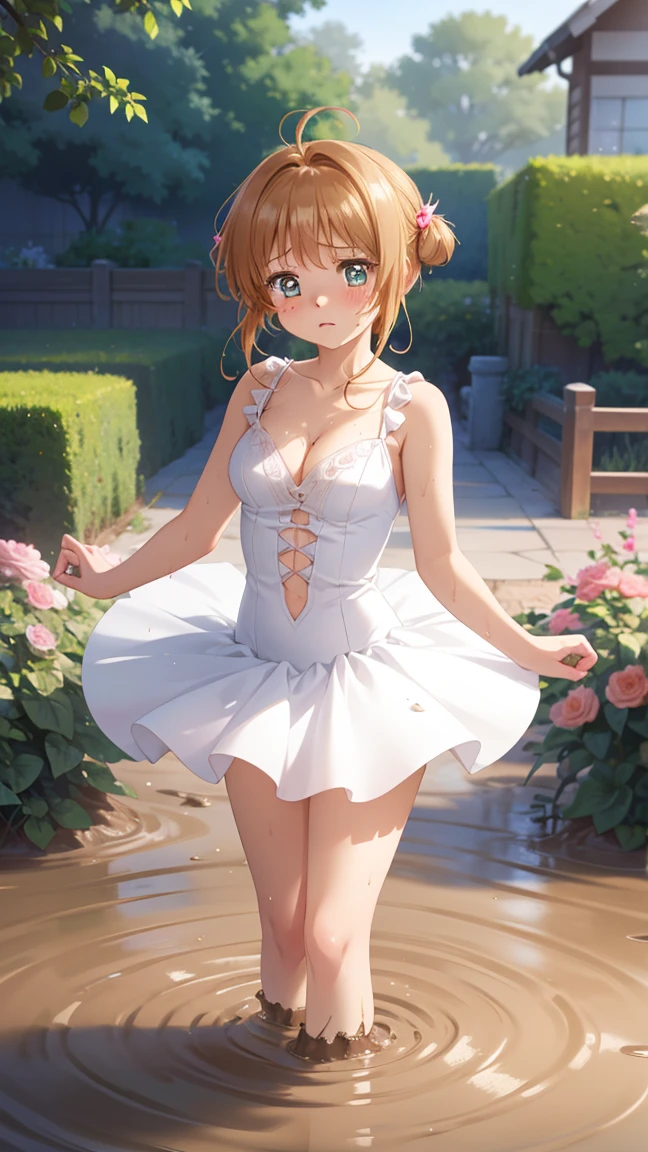 masterpiece, best quality, highres, 1girl, detailed face, blush, anime CG style, (medium breasts), (18 year old girl:1.3), (aged up), good lighting, perfect body, sakura kinomoto, glossy lips, cleavage, (curvy), garden, (sinking in mud), (upset), tears on cheeks, ballerina, tutu, standing, (legs completely submerged)