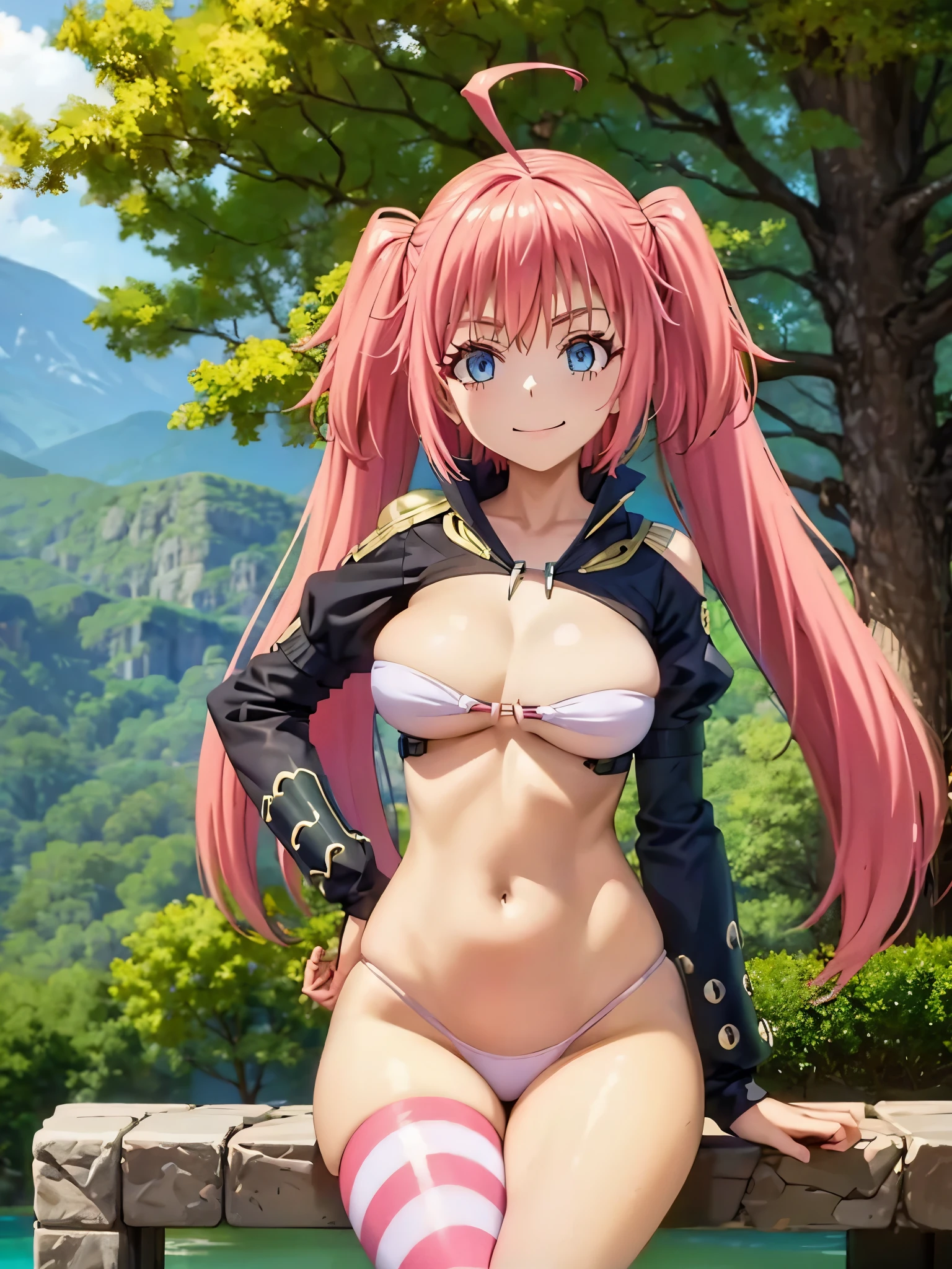 1girl, solo, beautiful girl, brunette skin, blue eyes, big eyes, detailed eyes, long eyelashes, pink hair, long hair, sidelocks, twintails, head tilt, fang, medium breasts, black bikini, string bikini, bikini bottom only, white crop top, asymmetrical legwear, ahoge, clothing cutout, cowboy shot, juliet sleeves, long sleeves, puffy sleeves, pink legwear, revealing clothes, shoulder cutout, pink thighhigh, no pants, skindentation, smile, looking at viewer, narrow waist, perfect hands, perfect anatomy, cleavage, midriff, navel, covered nipples, outdoors, sitting, leaning against a tree,