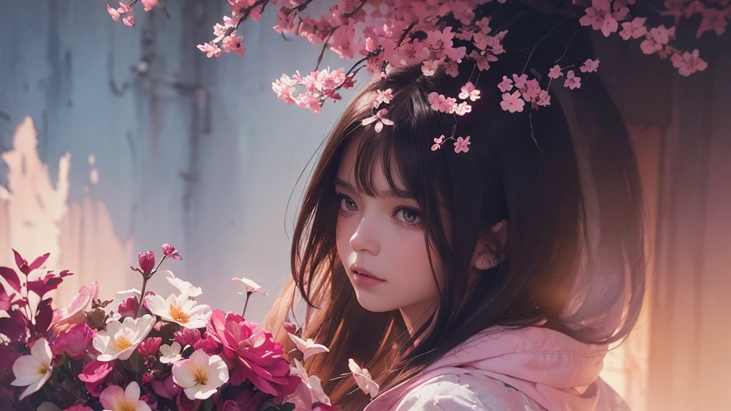 32k, Masterpiece, Highest quality, One girl, Brown Hair, Detailed eyes, flower,Freesia, Pink and navy style,A dreamy, romantic piece,Pale yellow, Mysterious Leaves,A playful arrangement,Fantasy,High Contrast,Ink strokes,explosion,Exposure, Impression of pink and navy tones,Abstract,((Watercolours by John Berkey and Jeremy Mann )) Brush strokes,Negative Space, Tyndall effect,