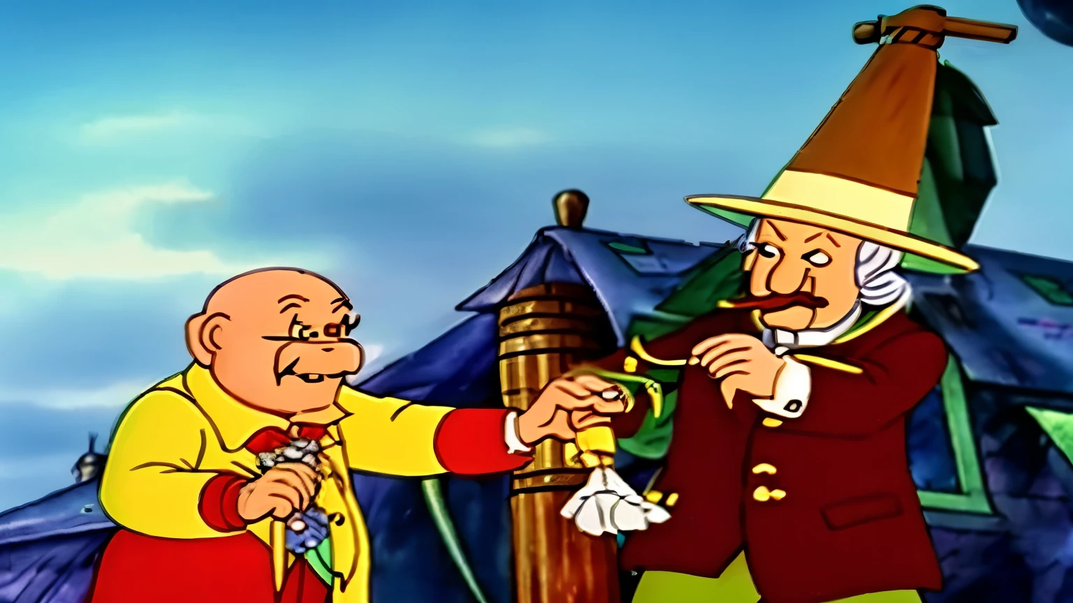 an evil old man with his hand over Pinocchio&#39;s mouth holding him from behind in the basement of an abandoned house 