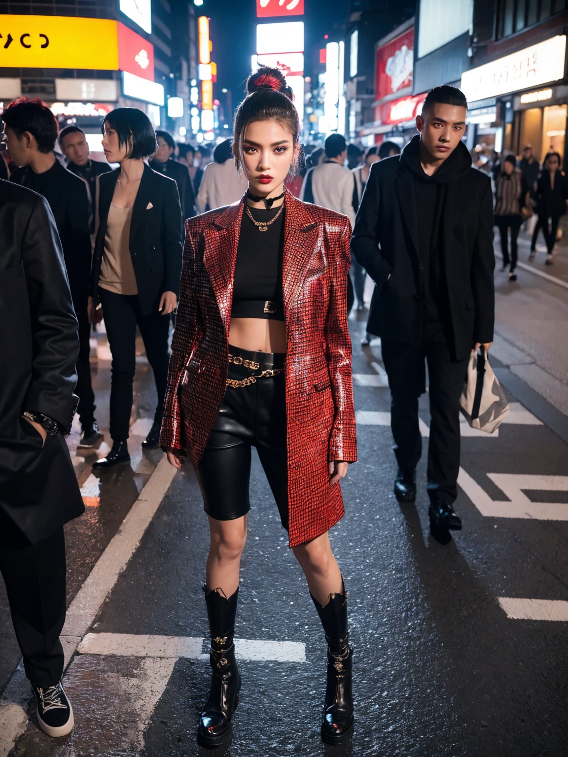 detailed street fashion photography of stylish and avant-garde people in tokyo, hyperrealistic, surreal, cinematic lighting, vibrant colors, sharp focus, 8k, best quality, ultra-detailed, photorealistic, professional, dynamic poses, modern, edgy, experimental, striking outfits, bold makeup, distinctive hairstyles