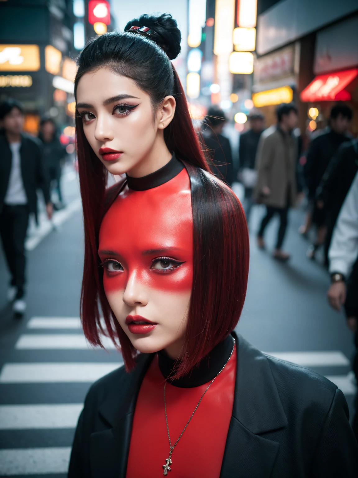 detailed street fashion photography of stylish and avant-garde people in tokyo, hyperrealistic, surreal, cinematic lighting, vibrant colors, sharp focus, 8k, best quality, ultra-detailed, photorealistic, professional, dynamic poses, modern, edgy, experimental, striking outfits, bold makeup, distinctive hairstyles