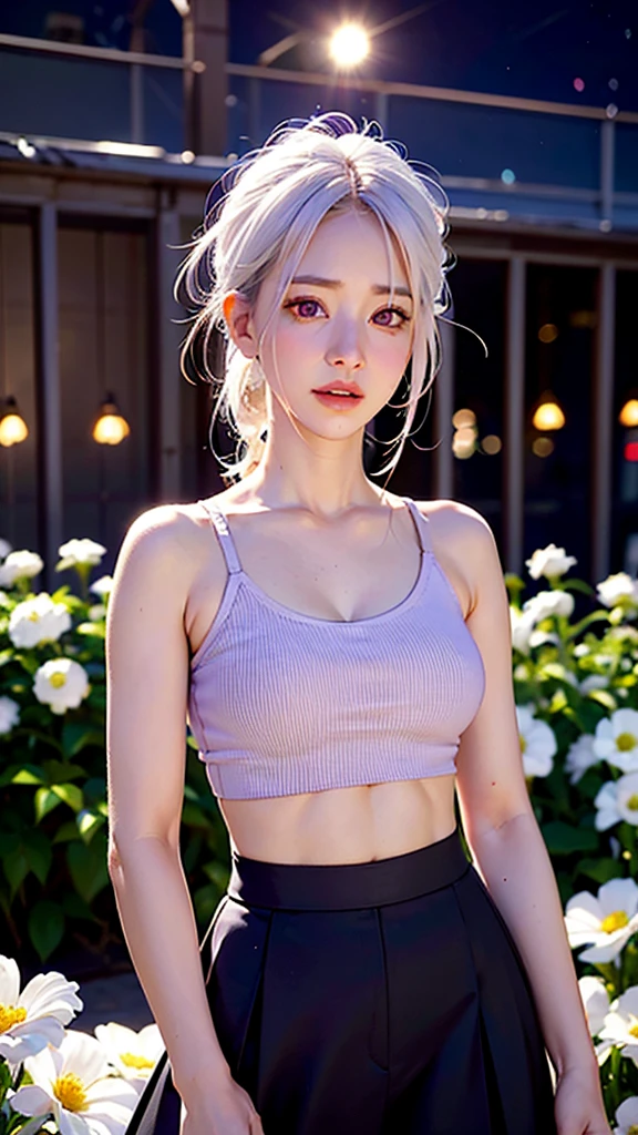 realistic, 1girl, white hair, purple eyes, glowing eyes, crop top, skirt, parted lips, blush, night, flowers, sun, sunlight,