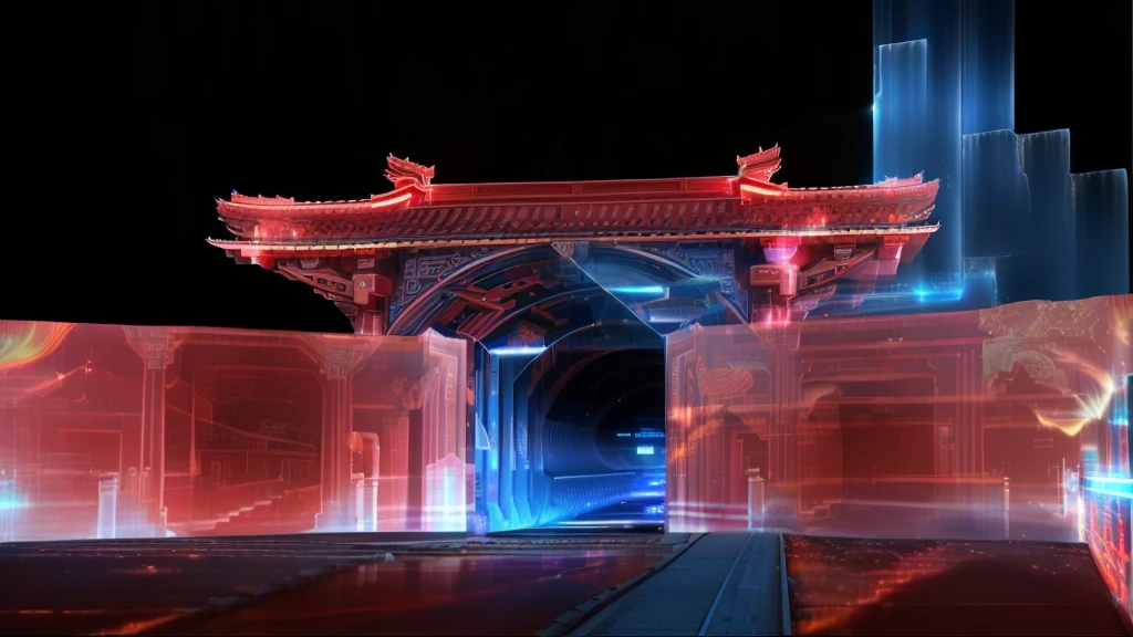 there is a train going through a tunnel with a red gate, colorful detailed projections, projection mapping, holographic projection, huge holograms, colored projections, japan. volumetric lighting, colorful projections, beautiful render of tang dynasty, refik anadol, cinematic hologram, futuristic lasers tracing, reflection lumen mapping, chinese architecture, ethereal hologram center