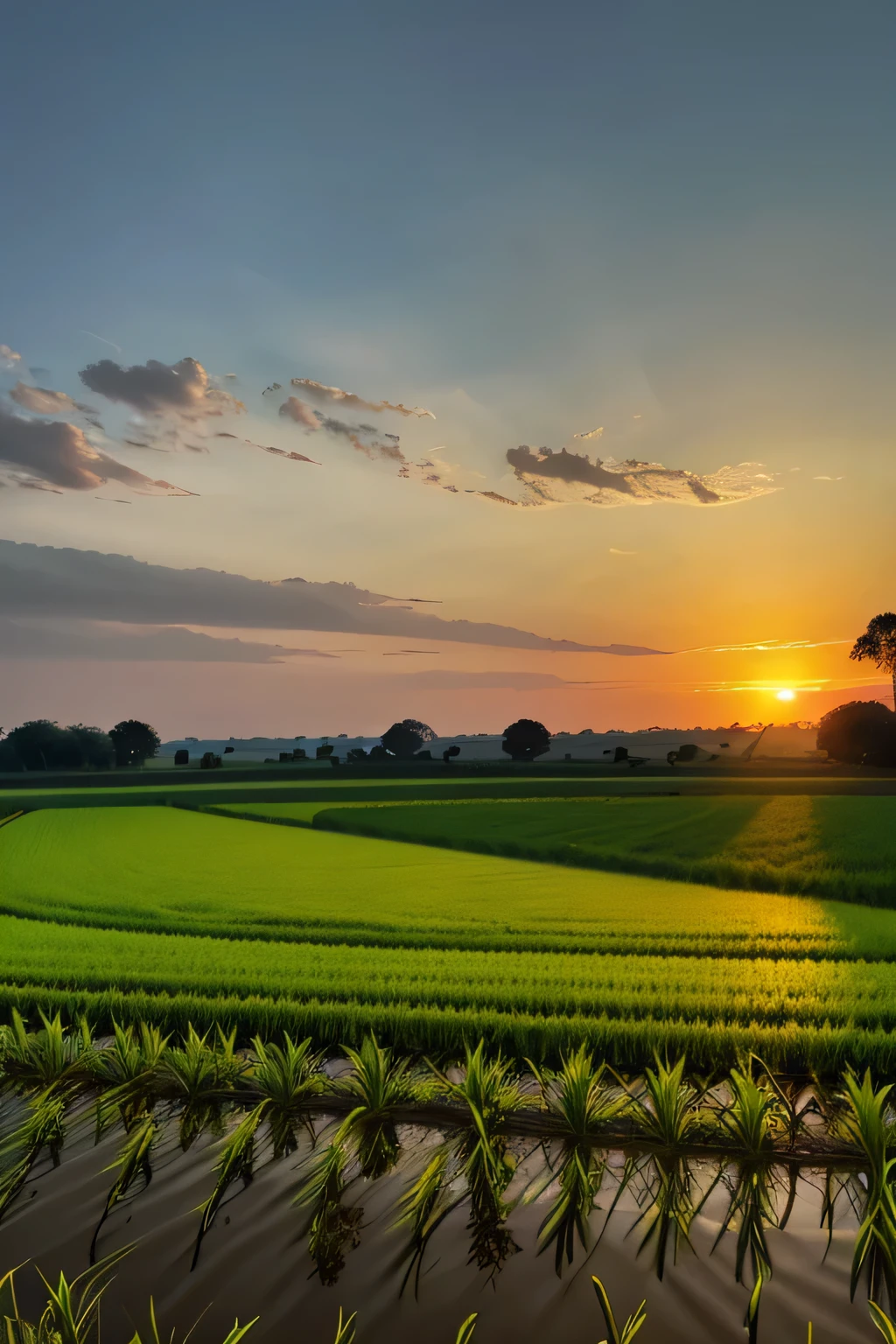 Paddy crops in field near to river and sun set timming with farmer in field image