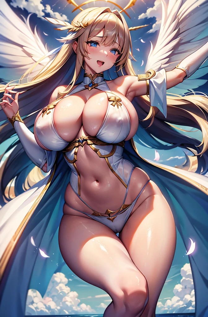Arafe woman wearing a white bikini, belly button、Open Mouth Smile、Blonde hair and blue eyes、白いビキニを着ているsuper Wide Angel, Majestic angel all over the body, Anime Goddess, Wide Angel, Angela White, chic, Spectacular angles and poses,Beautiful and attractive anime woman wearing a white bikini, Huge and stunning goddess shots, Angel Knight Girl, Tall female angel, She has angel wings on her back, Highly detailed goddess shot