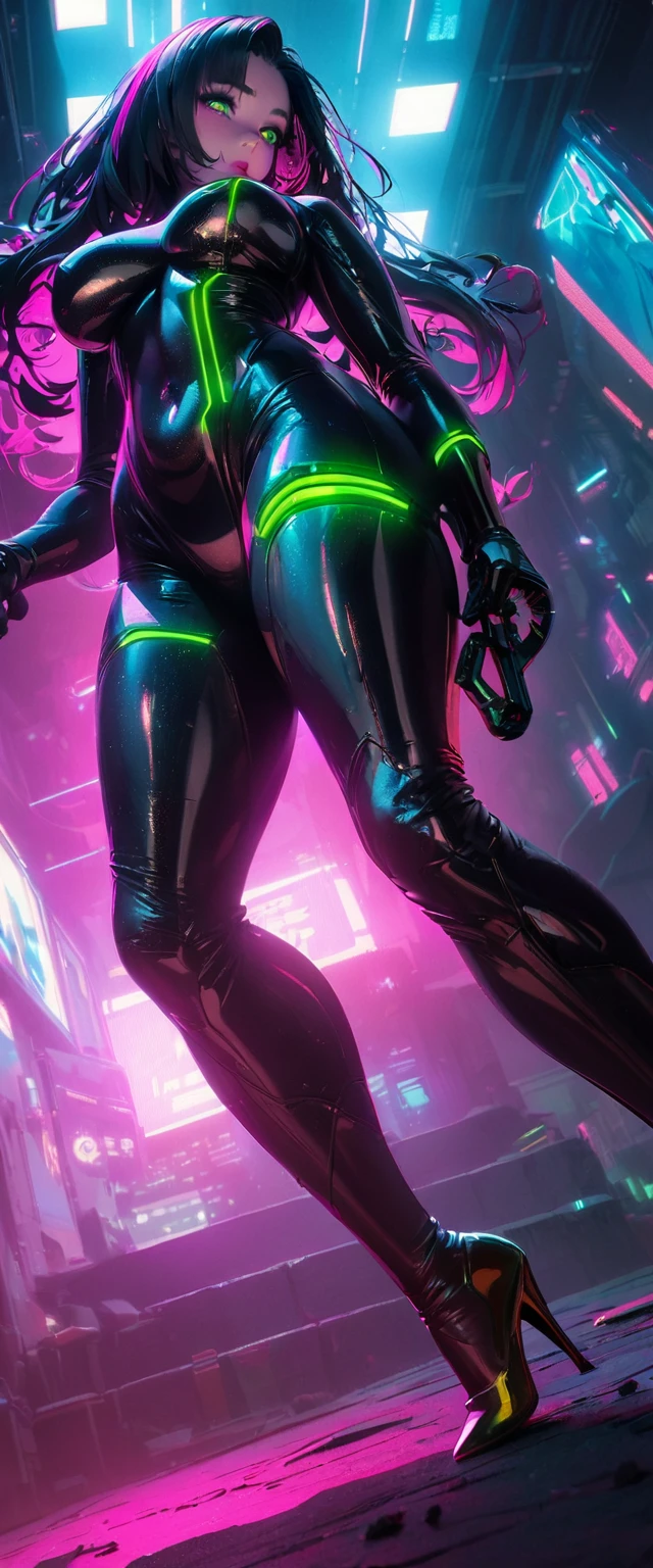 Cyberpunk style，30-year-old mature and charming woman，Leather bodysuit covers the entire body，Full breasts，High heels，Pointing a compound bow at me，（There are a lot of small pieces of gravel floating in the air around me.:1.5），beautiful，Glowing Effects，Celluloid style，Flat coating，HD，CG art，comics，8K，Looking at the camera，high quality，illustration，Vaporwave style，Rim Light，Movie Lighting，Very detailed，complicated，OC Renderer，Viewing angle，high resolution