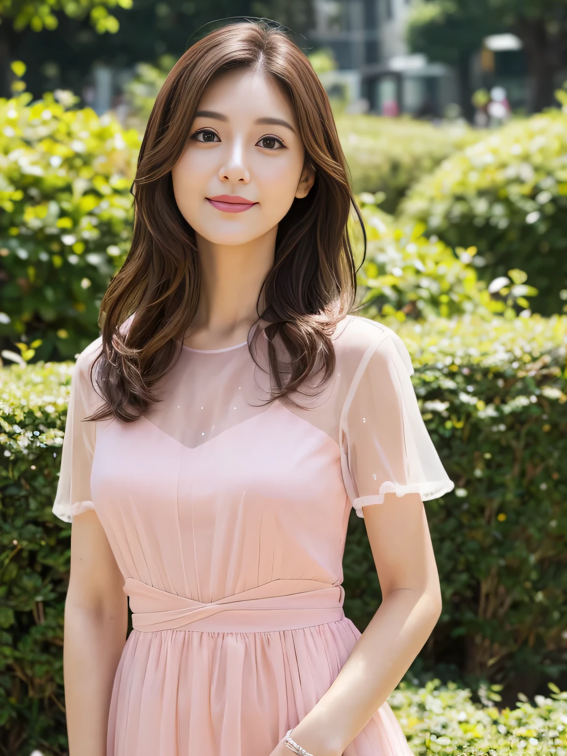 (RAW Photos), (Photo Real), (masterpiece), (Highest quality), High resolution, 8K resolution, (Intricate details), (Volumetric Light), Portraiture, woman, 30 years old, Medium Hair, Layered Hair, Brown Hair, Highly detailed eyes, Source order, Very thin eyebrows, Highly detailed skin, Highly detailed mouth, Highly detailed nose, Cute like an idol, smile, ((Pink lipstick)), ((Look at the viewers)), (An elegant and transparent red see-through short-sleeved dress), ((Randomly oriented bodies)), green park background, Facial posture looking up at the sky, ((Full body shot)),