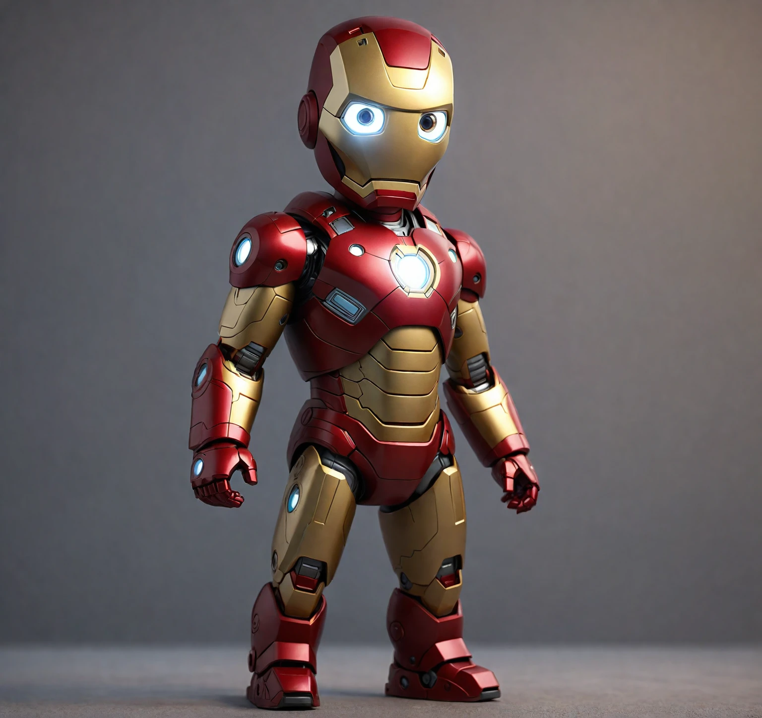 a close up of a toy iron Man with a light on, like iron Man, 3d children robot, iron Man, minion iron Man, superior iron Man, iron Man, High-quality CG rendering, Arnold Maya Rendering, high detail iconic character, tintoy character design robot, Cartoon Rendering Keyshot, 3D character rendering, 3D Rendering Character Art 8k, Very detailed, low poly count