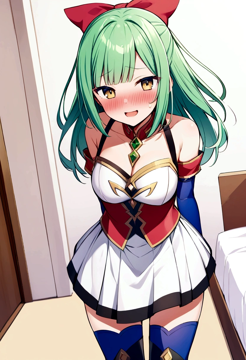 score_9, score_8_superior, score_7_superior, sauce_anime,
sayominakami, Sayonara Minakami, Long Hair, Brown eyes, bow, hair bow, Green Hair,
skirt, gloves, boots, elbow gloves, Magical girl, blue gloves,
indoor, bed, bed room, ~ side, blush, Drunk,
Arms behind your back,View your viewers, Dutch Angle, Cowboy Shot