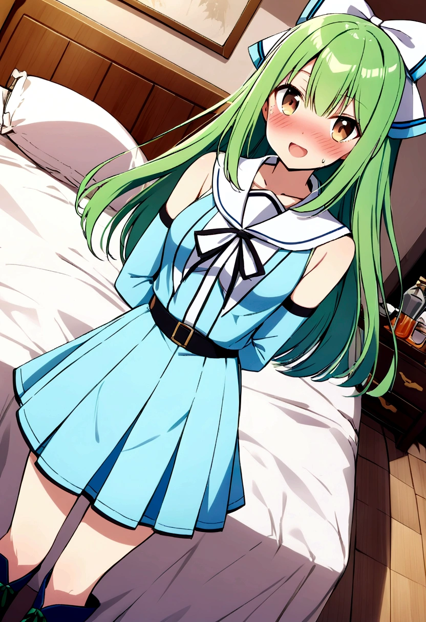 score_9, score_8_superior, score_7_superior, sauce_anime,
sayominakami, Sayonara Minakami, Long Hair, Brown eyes, bow, hair bow, Green Hair,
skirt, gloves, boots, elbow gloves, Magical girl, blue gloves,
indoor, bed, bed room, ~ side, blush, Drunk,
Arms behind your back,View your viewers, Dutch Angle, Cowboy Shot