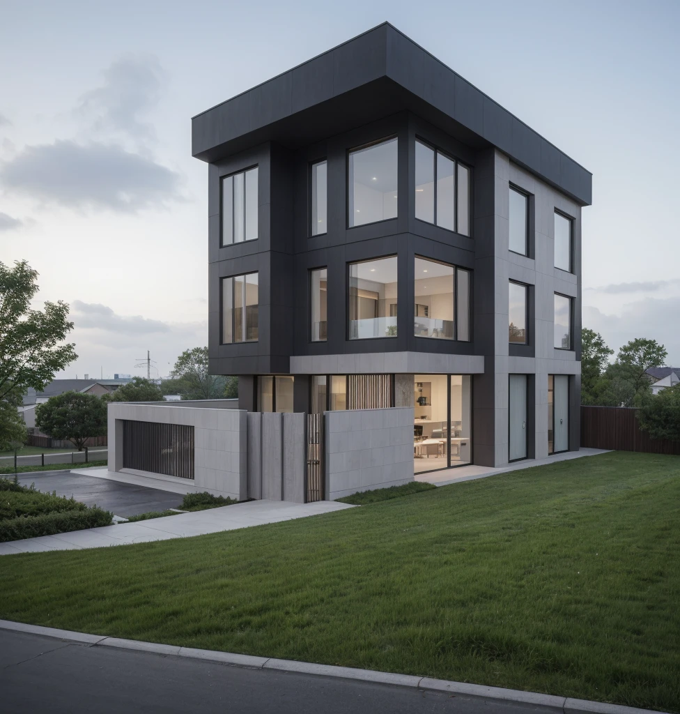 RAW photo, a photo of a modern villa with a car parked in front of it, ((1/2 dark grey wood facade)), architectural shot, gate, road, viet nam modern residence, rough white wall, new residential area, wide angle exterior 2022, contemporary house, exterior photography, masterpiece, contemporary architecture, overcast, indirect lighting