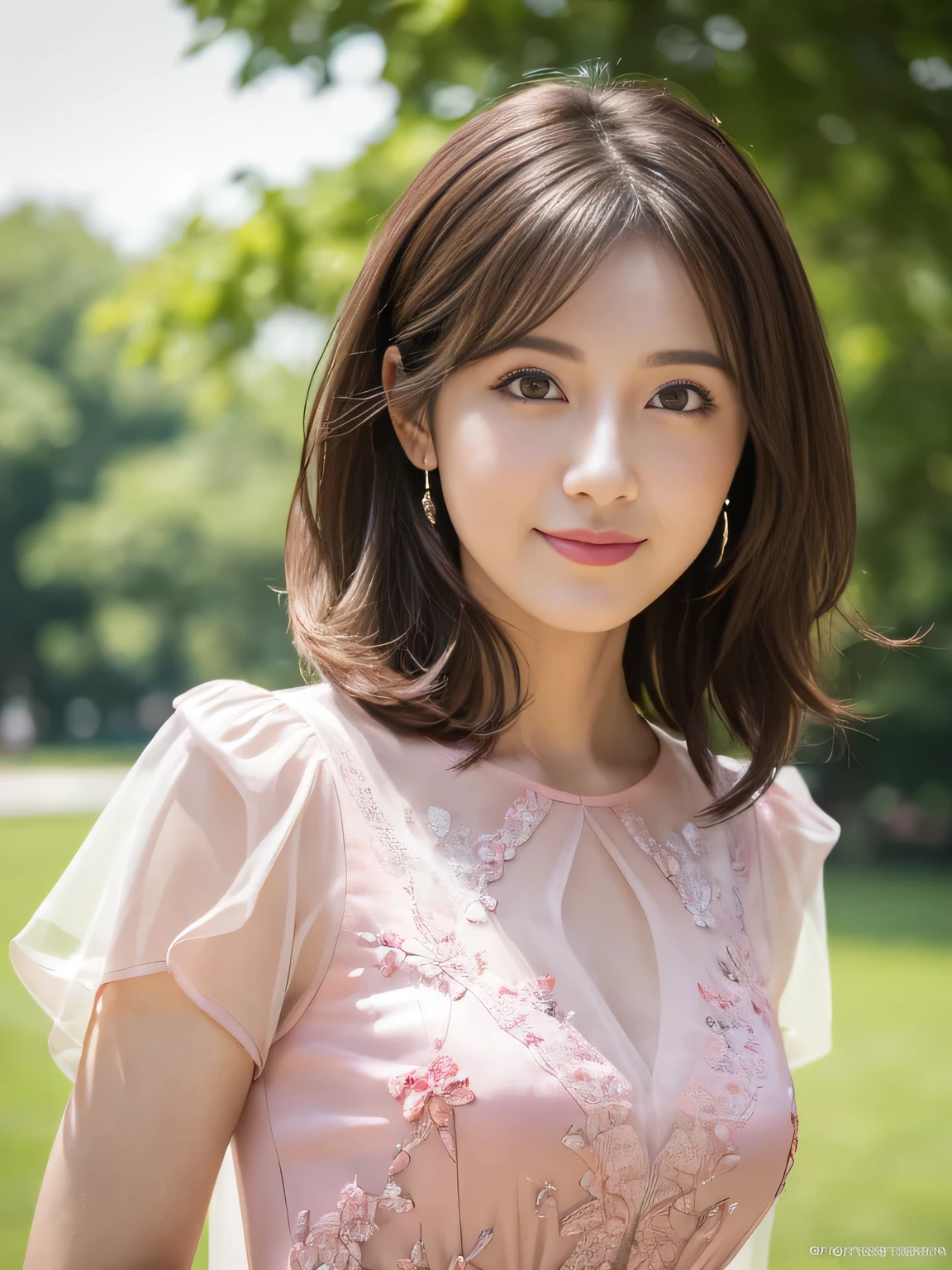 (RAW Photos), (Photo Real), (masterpiece), (Highest quality), High resolution, 8K resolution, (Intricate details), (Volumetric Light), Portraiture, woman, 30 years old, Medium Hair, Layered Hair, Brown Hair, Highly detailed eyes, Source order, Very thin eyebrows, Highly detailed skin, Highly detailed mouth, Highly detailed nose, Cute like an idol, smile, ((Pink lipstick)), ((Look at the viewers)), (An elegant and transparent red see-through short-sleeved dress), ((Randomly oriented bodies)), green park background, Facial posture looking up at the sky, ((Full body shot)),