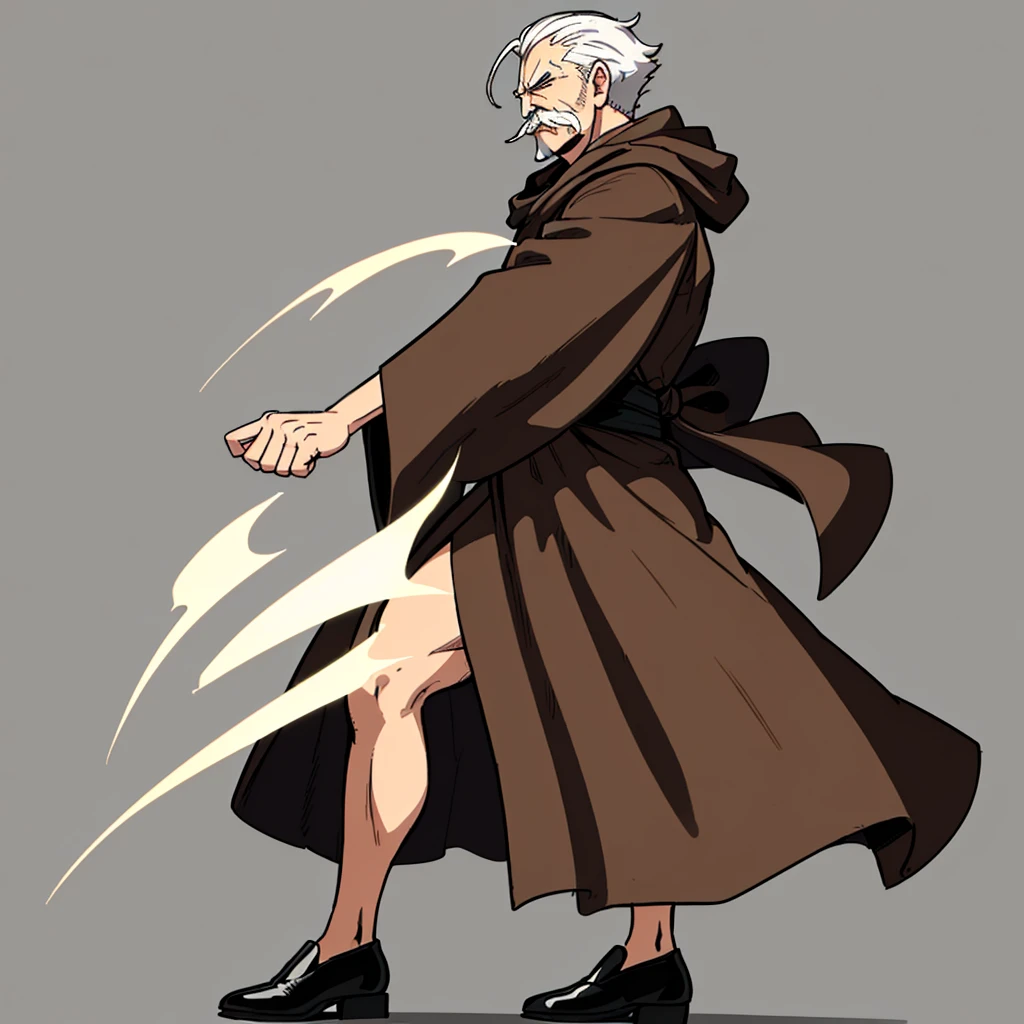 ((((Solo))))、Highest quality, Best Quality,Best illustrations、8K、middle ages、(((Simple brown robe、Black shoes)))、(40-year-old uncle、mature、Kaiser moustache)、(Cool expression)、Fighting stance、(From the side、profile)、Full body character concept