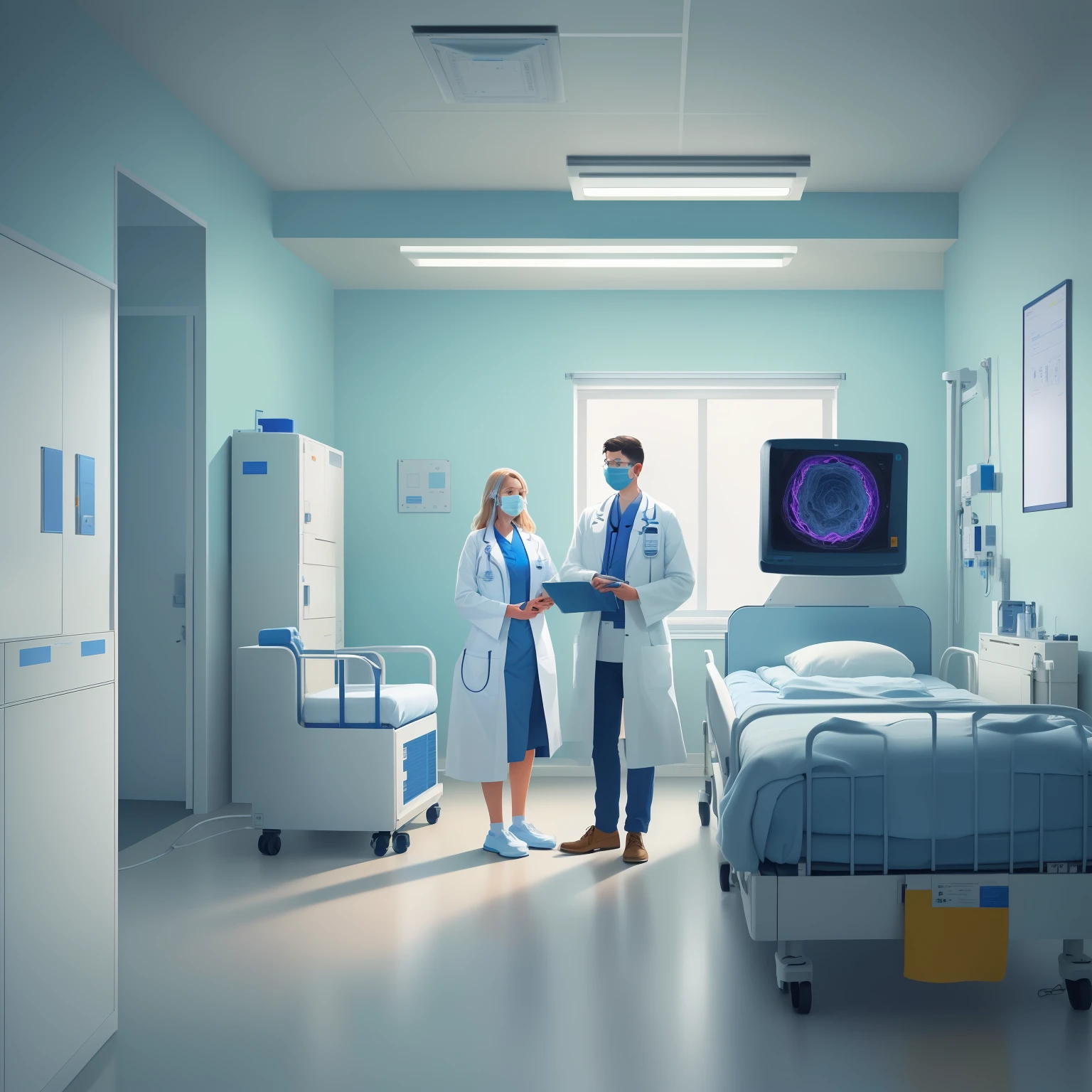 a man in a white coat is standing next to a woman in a Hospital bed, medical doctor, Flat illustration, Hospital background, in Hospital bed, doctor, Hospital room, medical background, Nursing, health care worker, Medical imaging, digital Medical equipment, colorful Medical equipment, Medical equipment, medical illustration, health care, Clean medical environment, Medical drawing, Hospital, Hospital ward