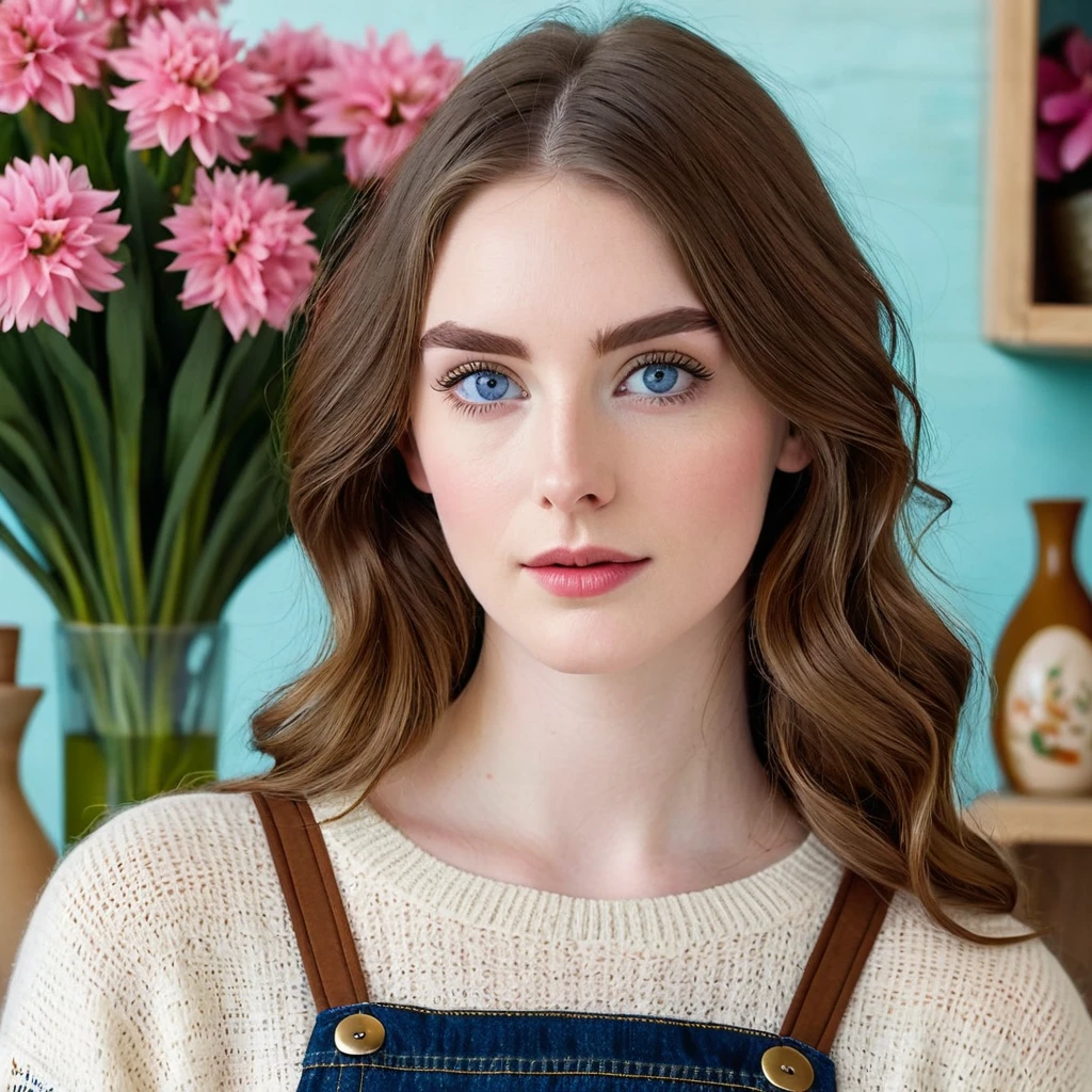 A 22-year-old woman with fair, porcelain skin, long nose, short chin, and s-shaped eyebrows. She has large, deep blue eyes with long lashes, and chestnut brown hair cascading in soft waves to her mid-back. She wears casual, feminine clothing like floral dresses or skirts and simple tops. Occasionally, she wears jeans and a cozy sweater, with delicate accessories. When on secret adventures, she dons an elegant mask covering the upper half of her face. She stands in a quaint flower shop in the coastal town of Marisport.