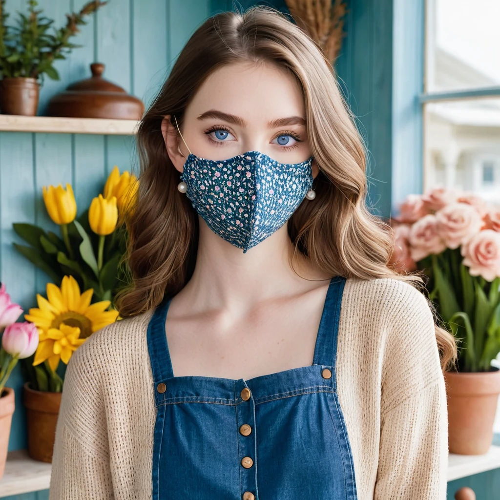 

A 22-year-old woman with fair, porcelain skin, long nose, short chin, and s-shaped eyebrows. She has large, deep blue eyes with long lashes, and chestnut brown hair cascading in soft waves to her mid-back. She wears casual, feminine clothing like floral dresses or skirts and simple tops. Occasionally, she wears jeans and a cozy sweater, with delicate accessories. When on secret adventures, she dons an elegant mask covering the upper half of her face. She stands in a quaint flower shop in the coastal town of Marisport.

