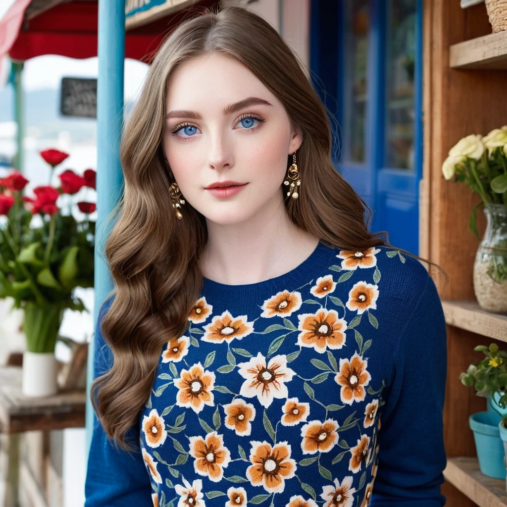 A 22-year-old woman with fair, porcelain skin, long nose, short chin, and s-shaped eyebrows. She has large, deep blue eyes with long lashes, and chestnut brown hair cascading in soft waves to her mid-back. She wears casual, feminine clothing like floral dresses or skirts and simple tops. Occasionally, she wears jeans and a cozy sweater, with delicate accessories. When on secret adventures, she dons an elegant mask covering the upper half of her face. She stands in a quaint flower shop in the coastal town of Marisport.
