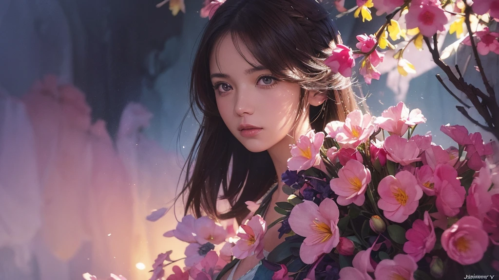 32k, Masterpiece, Highest quality, One girl, Brown Hair, Detailed eyes, flower,Freesia, Pink and navy style,A dreamy, romantic piece,Pale yellow, Mysterious Leaves,A playful arrangement,Fantasy,High Contrast,Ink strokes,explosion,Exposure, Impression of pink and navy tones,Abstract,((Watercolours by John Berkey and Jeremy Mann )) Brush strokes,Negative Space, Tyndall effect,