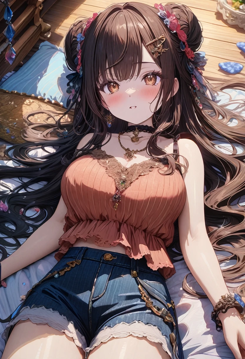 ((masterpiece), best quality, very aesthetic, newest, absurdres, detailed, high quality)
BREAK
highest quality, top quality, details, highres, ultra fine painting, digital art, official art, cinematic, 4k, 8k resolution, 8K CG wallpaper, CG, original artwork, detailed background, colorful background, blue atmosphere, High Dynamic Range, blurry background, blue hour, Starburst effects, crepuscular rays, good ISO, high resolution, wide shot, from far away, RAW photo, POV, sharp focus, light reflection, reflections, intricate details, soft light, particle noise, professional photography, bokeh, depth of field, natural lighting, vibrant colors, looking away, detailed lights and shadows, stylish, ultra-detailed, top rated on Pixiv, trending on Artstation, niji style, modern-days, master crafted, pose
BREAK
solo, close up shot, from above, 1girl, pale skin, correct fingers, detailed hand, (big breasts:1.2), big thighs, small torso, short body, flushtered, blush, anxious expression, embarassed, embarassed act, casual, slim, ((cute, childlike face):1.3), nice hips, nice body, brown hair, (very long flowing hair), (big 2 buns hairstyle)), long bangs, long hair, middle hair bangs, brown eyes
BREAK
(cotton shorts, fitted tank top, delicate choker, bracelet, necklace, hair clip) 
BREAK
bed with a white sheet, pixiv, conceptual art, messy bed, dirty bed, anime background art, relaxing concept art, lying at the bed, beautiful anime scene, beautiful anime artwork, bed, anime background, laying on a bed, soft anime illustration