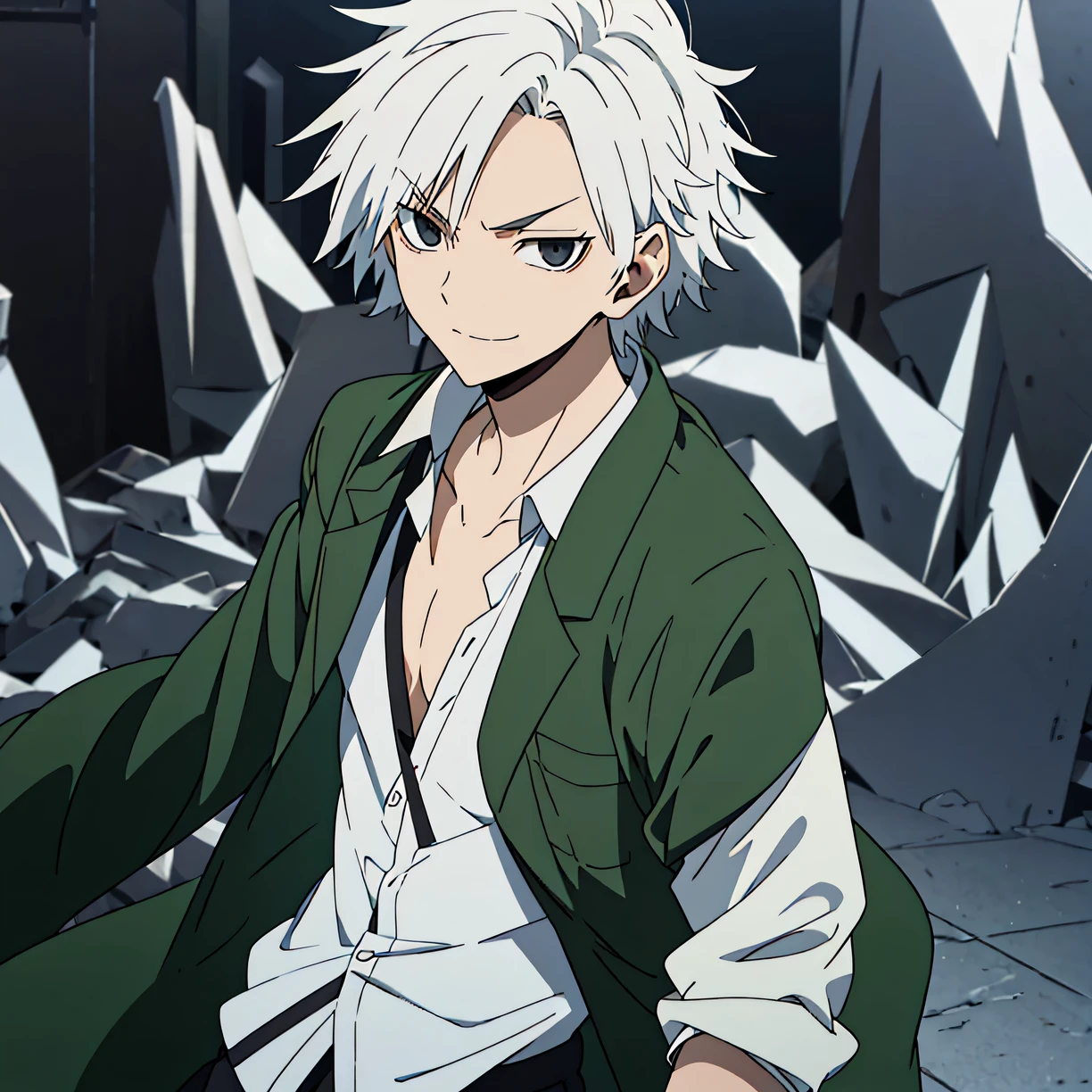 Male, White hair, Black eyes, dark green Jacket, white shirt, boy, Revenge, handsome, stage background, anime style, HD