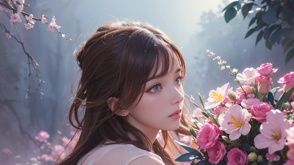 32k, Masterpiece, Highest quality, One girl, Brown Hair, Detailed eyes, flower,Freesia, Pink and navy style,A dreamy, romantic piece,Pale yellow, Mysterious Leaves,A playful arrangement,Fantasy,High Contrast,Ink strokes,explosion,Exposure, Impression of pink and navy tones,Abstract,((Watercolours by John Berkey and Jeremy Mann )) Brush strokes,Negative Space, Tyndall effect,