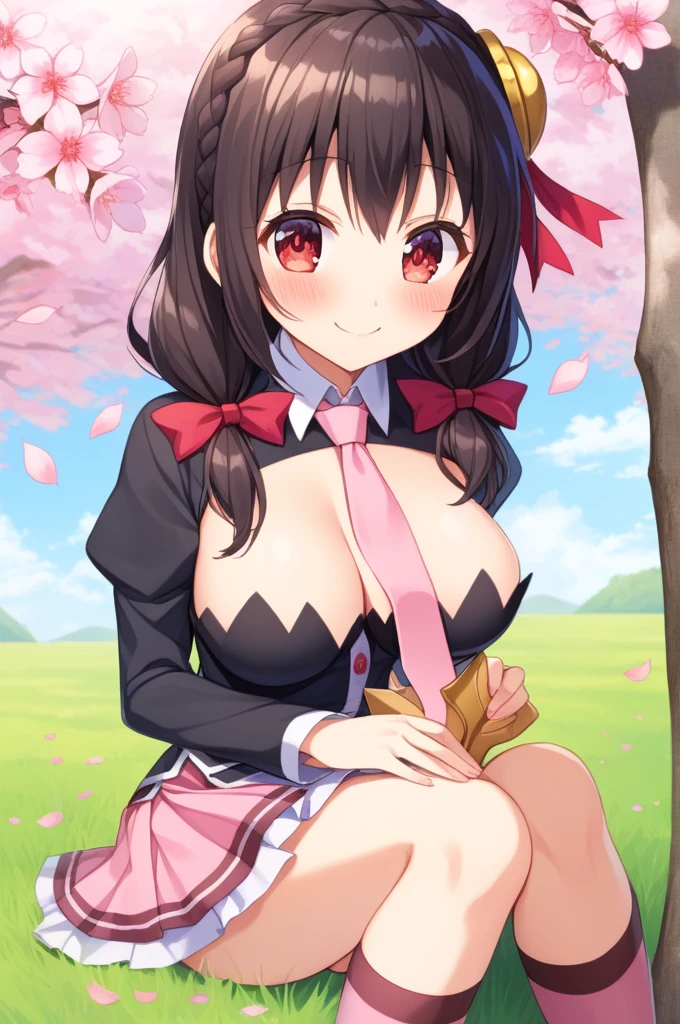 alone, One girl, Happy face, View your viewers, Crown Blade, hair ornaments, Hair Ribbon, Pink tie, Black long sleeve, Pink Skirt, Knee socks, Cleavage, grassland、Black Hair、Red Eyes、(blush:1.2)、sit、cherry blossoms