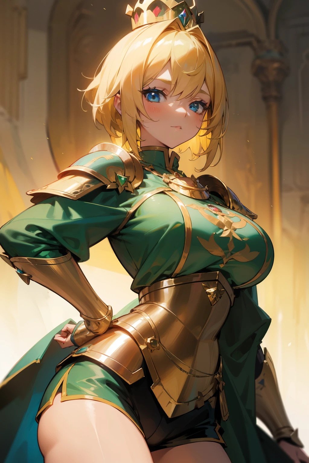 Girl, blonde hair, blue eyes, a strange crown with a shiny green stone, golden knight's armor embroidered with beautiful ornaments, big breasts, short pants.