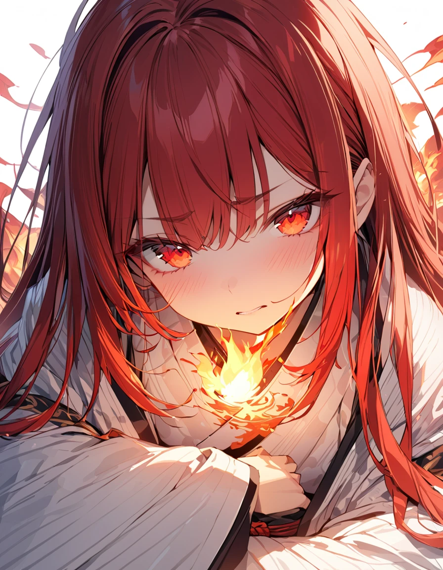 masterpiece　Detailed description　A woman with very long red hair　Very intense flames all over　Japanese style