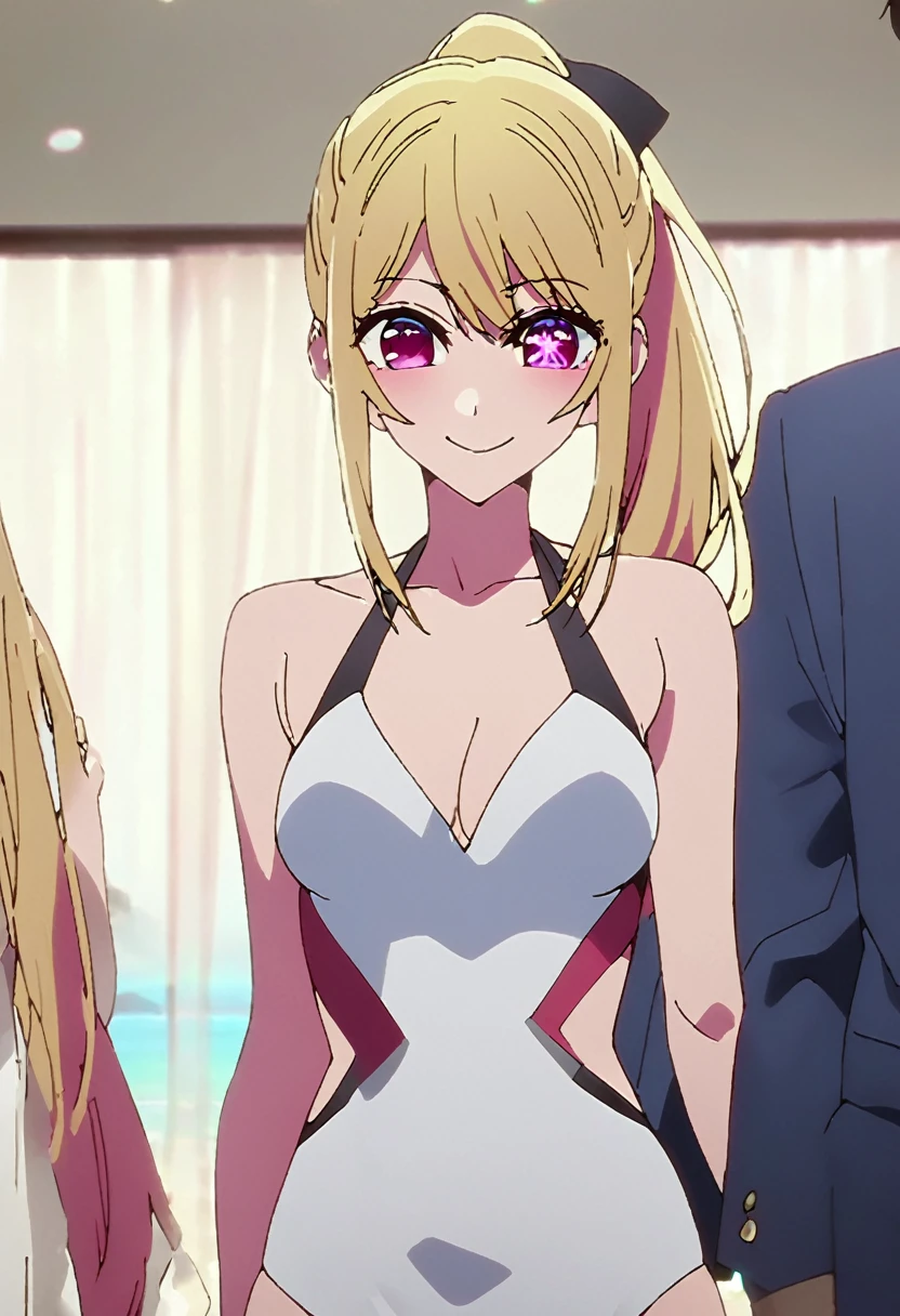 Blonde、Swimwear、Highest quality、high resolution、8K,Highest quality、Star-shaped pupil、The best smile、long hair、Pink Eyes、ponytail、Cowboy Shot、One person