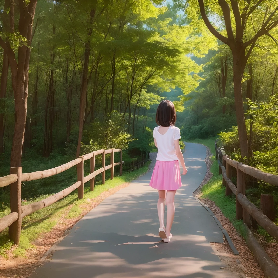 Forest Path、Draw a person larger、night、One person、Are standing、9-year-old girl、Very thin body、Facing forward、smile、Glasses、Pink underwear、mini skirt