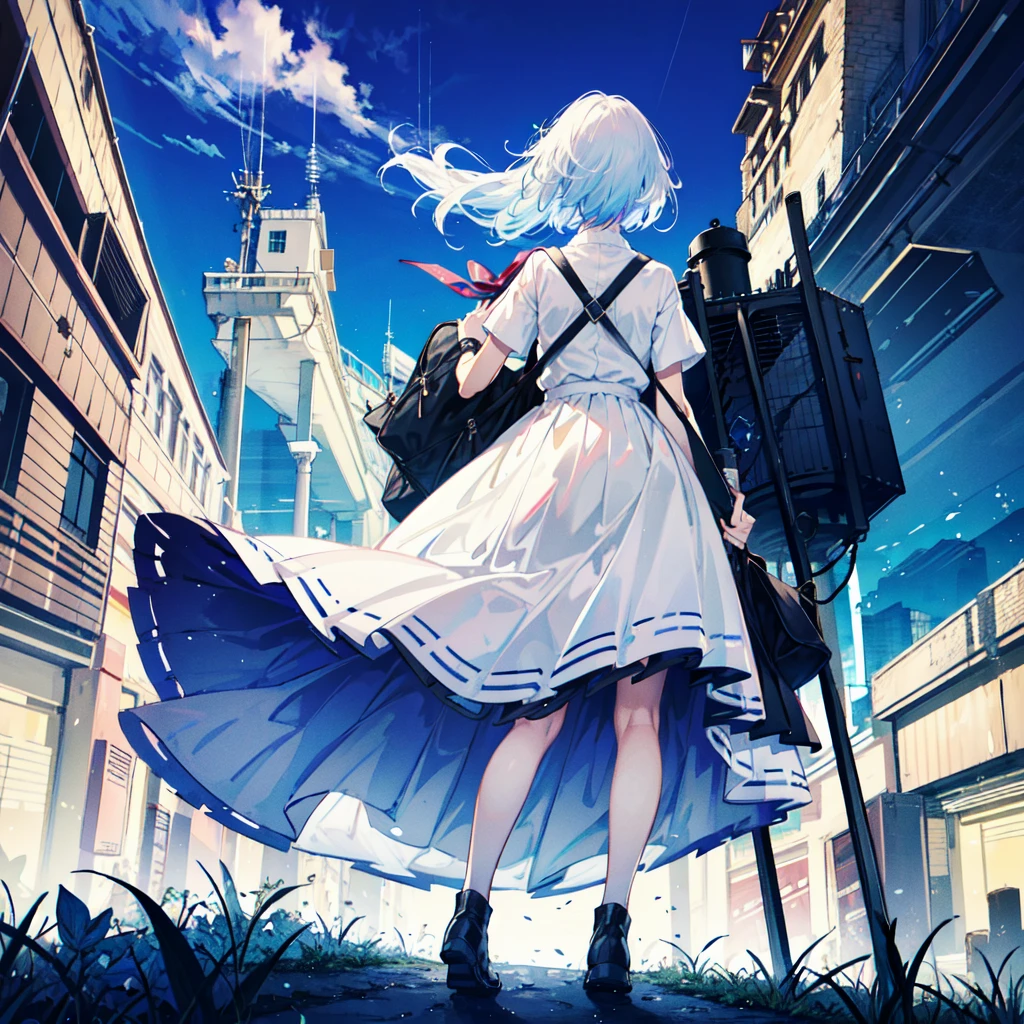((best quality)), ((masterpiece)), ((ultra-detailed)), (illustration), (detailed light), (an extremely delicate and beautiful), sky, star (sky), starry sky, scenery, outdoors, 1girl, crescent moon, cloud, night, skirt, white shirt, moon, bag, shirt, , night sky, sign, building,short sleeves, standing,long hair, solo, white hair, school bag, pleated skirt, facing away, power lines, backpack, utility pole,full body, white legwear,
