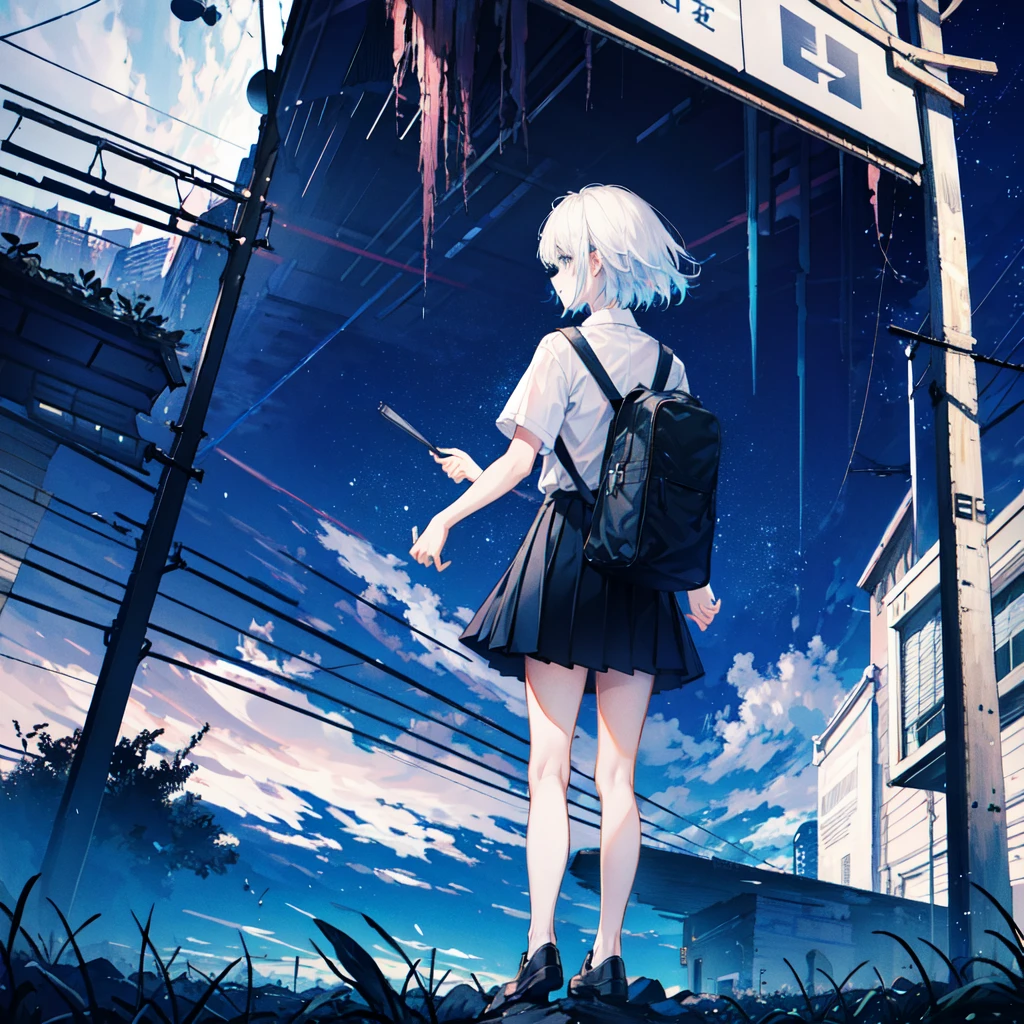 ((best quality)), ((masterpiece)), ((ultra-detailed)), (illustration), (detailed light), (an extremely delicate and beautiful), sky, star (sky), starry sky, scenery, outdoors, 1girl, crescent moon, cloud, night, skirt, white shirt, moon, bag, shirt, , night sky, sign, building,short sleeves, standing,long hair, solo, white hair, school bag, pleated skirt, facing away, power lines, backpack, utility pole,full body, white legwear,