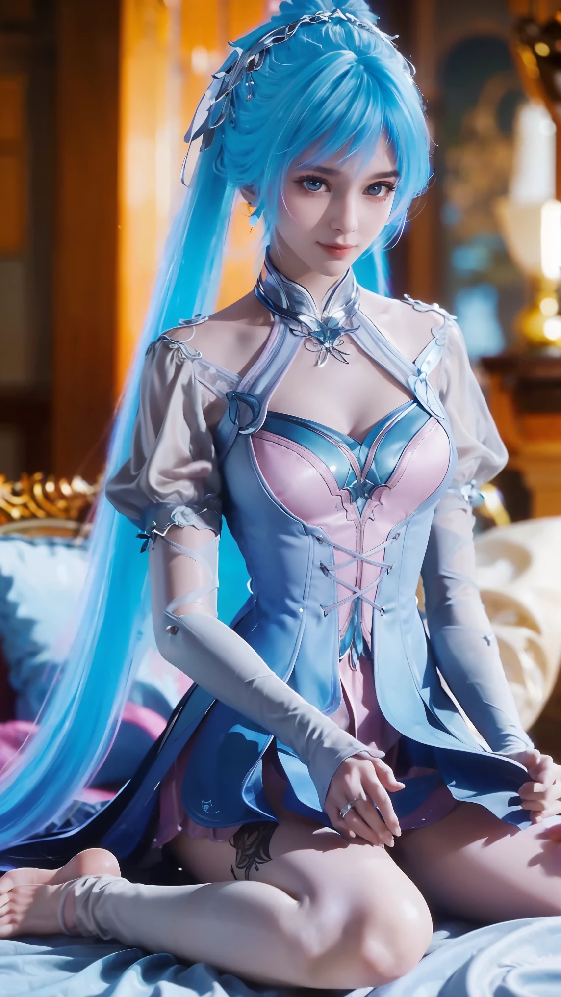 A beautiful young woman,Long hair,Wearing pajamas,Sitting on the bed,barefoot,Wearing a dress,Side-lying,Cross-legged,Full body shot,(Best picture quality,4K,8K,high-definition,excellent work:1.2),Ultra Detail,(Realistic,Realistic,Realistic:1.37),Delicate eyes,Delicate lips,Extremely detailed face and eyes,Long eyelashes,Natural light,Warm colors,Soft Focus,,portrait,Chiaroscuro,Deep scene,Cyan eyes,Jade Hands,Clear fingers,Double tail,Colored hair,Blue and Pink Ombre Hair