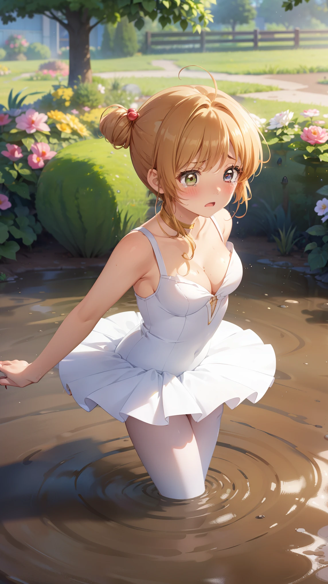 masterpiece, best quality, highres, 1girl, detailed face, blush, anime CG style, (medium breasts), (18 year old girl:1.3), (aged up), good lighting, perfect body, sakura kinomoto, glossy lips, cleavage, (curvy), garden, (sinking in mud), (upset), tears on cheeks, ballerina, tutu, standing, looking back at viewer