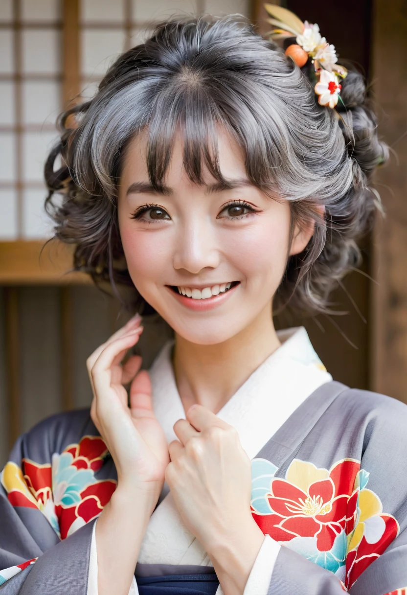 70s female,Japanese,Close your mouth,smile,Sober kimono,Gray Hair,Perm,Light makeup