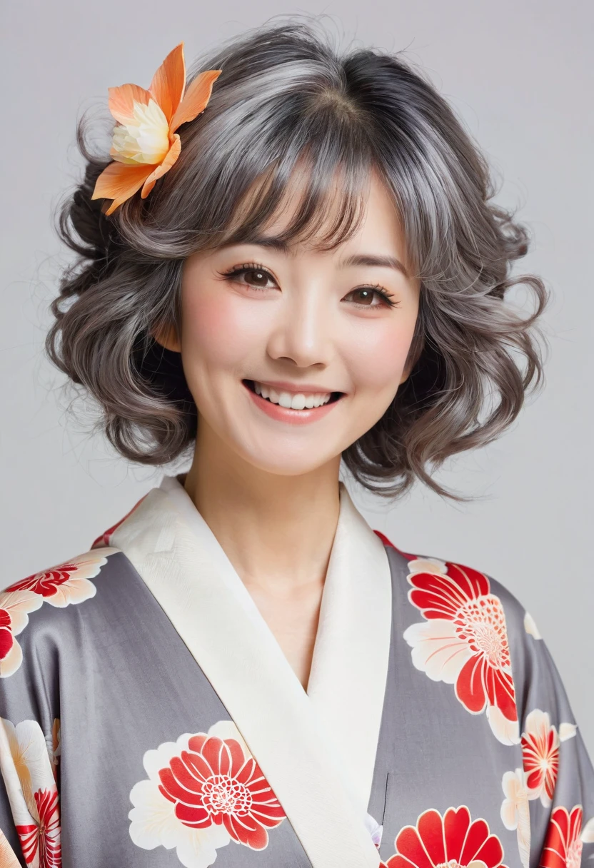 70s female,Japanese,Close your mouth,smile,Sober kimono,Gray Hair,Perm,Light makeup