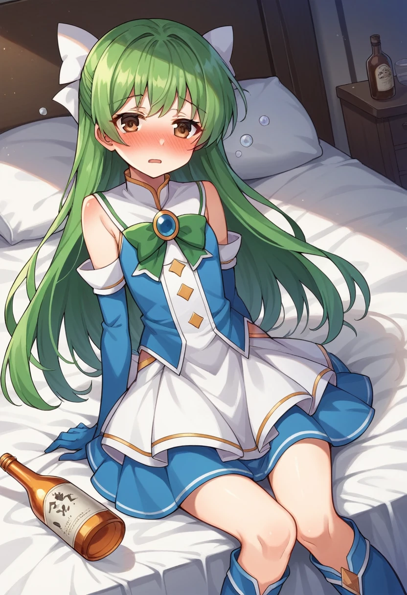 score_9, score_8_superior, score_7_superior, sauce_anime,
sayominakami, Sayonara Minakami, Long Hair, Brown eyes, bow, hair bow, Green Hair,
skirt, gloves, boots, elbow gloves, Magical girl, blue gloves,
indoor, bed, bed room, ~ side, blush, Drunk,
View your viewers, Arms behind your back,Dutch Angle, Cowboy Shot