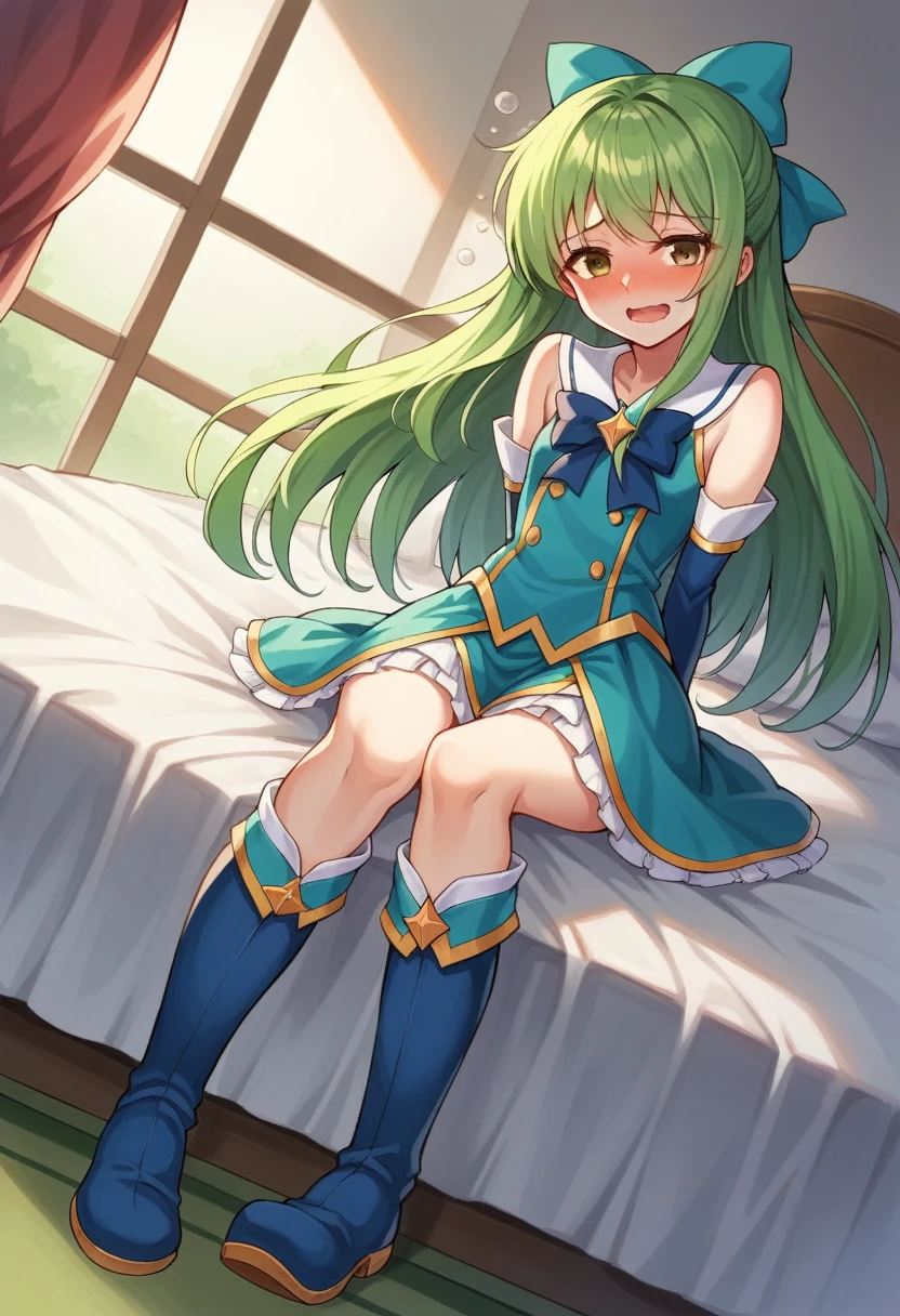 score_9, score_8_superior, score_7_superior, sauce_anime,
sayominakami, Sayonara Minakami, Long Hair, Brown eyes, bow, hair bow, Green Hair,
skirt, gloves, boots, elbow gloves, Magical girl, blue gloves,
indoor, bed, bed room, ~ side, blush, Drunk,
View your viewers, Arms behind your back,Dutch Angle, Cowboy Shot